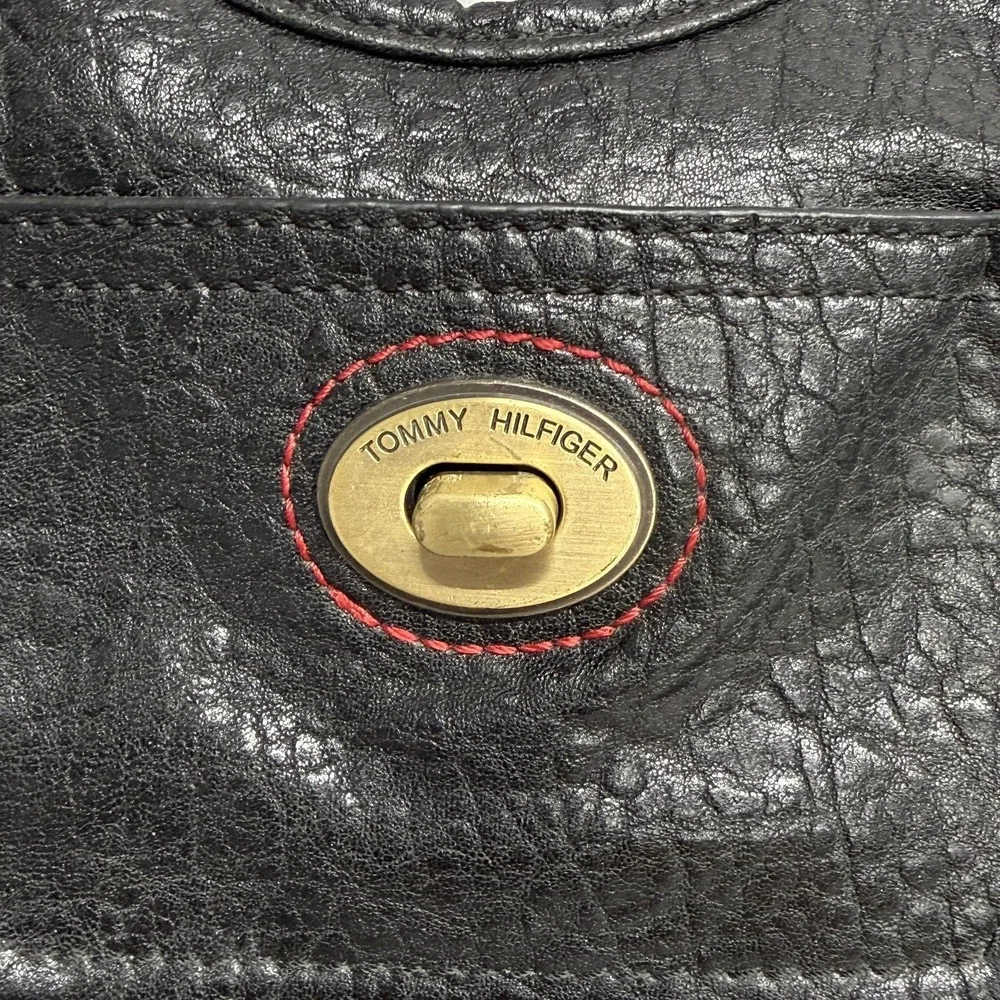 Tommy Hilfiger Handbag Womens Black Pebbled Satchel Top Handle Turn‎ Lock Pocket